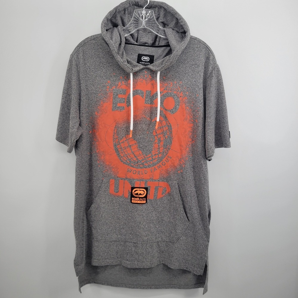 NEW Ecko Unltd Mens Grey Marled Short Sleeve Hoodie Tshirt Orange Graphic Size M